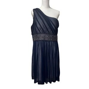 One Shoulder Jessica Howard‎ Dress Navy Blue Beaded Waist Cocktail Party Dress